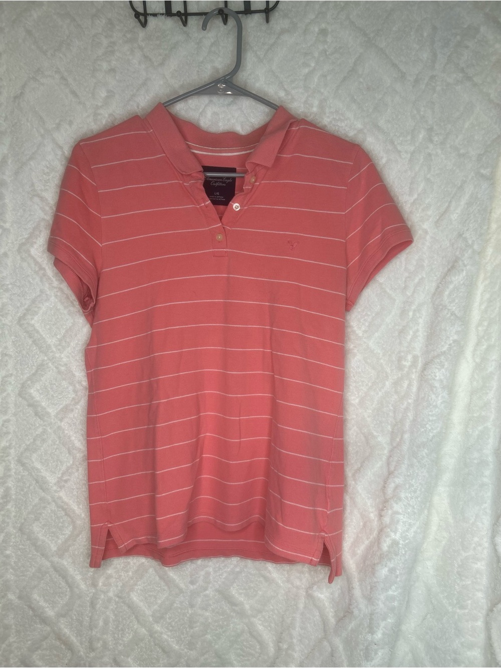 American Eagle Outfitters Coral Stripe Polo Shirt - Women